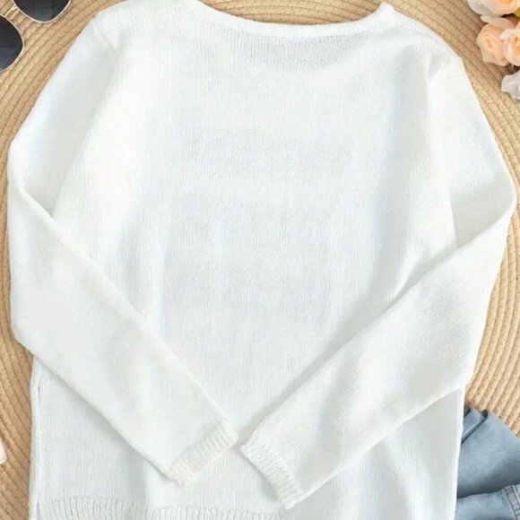 White Casual Women's Round Neck Long Sleeve Side Split Letter Knitted Sweater - Picture 2 of 4